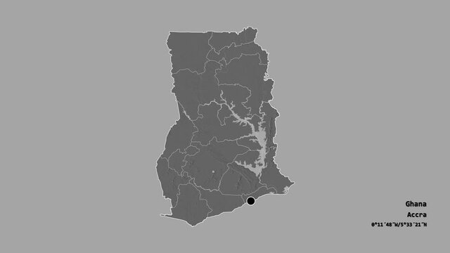 Oti, region of Ghana, with its capital, localized, outlined and zoomed with informative overlays on a bilevel map in the Stereographic projection. Animation 3D