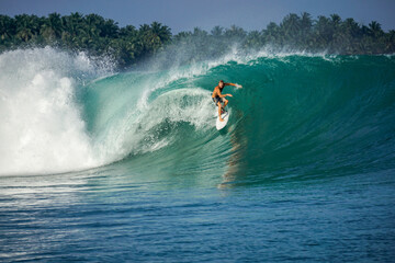Surfer on perfect blue big tube wave, empty line up, perfect for surfing, clean water, Indian Ocean in Mentawai islands