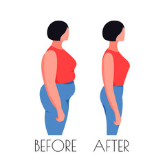 Before and after weight loss. Fighting obesity concept. Overweight diet vector illustration. Fat woman progress.