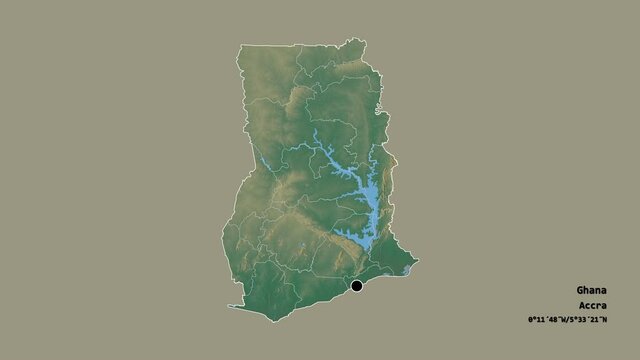 Oti, region of Ghana, with its capital, localized, outlined and zoomed with informative overlays on a relief map in the Stereographic projection. Animation 3D