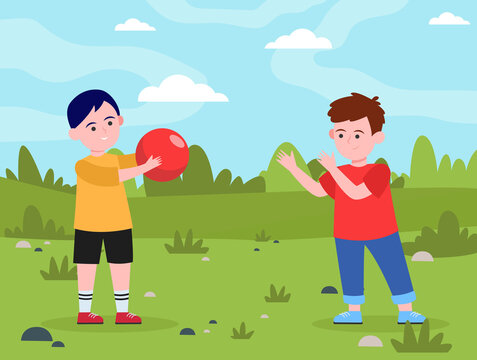 Little boys playing with ball together. Game, meadow, kid flat vector illustration. Weekend and childhood concept for banner, website design or landing web page