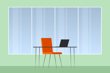 Fototapeta premium Laptop on table. Room with large window. Vector illustration.