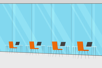 Open space office with panoramic window. Vector illustration.