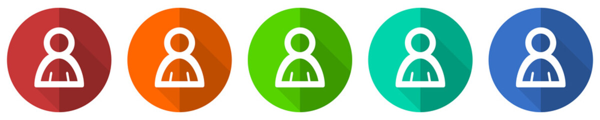 Person icon set, human, man, red, blue, green and orange flat design web buttons isolated on white background, vector illustration