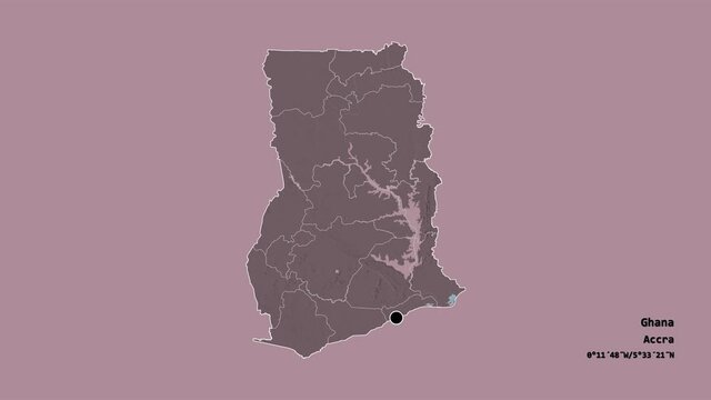 Volta, region of Ghana, with its capital, localized, outlined and zoomed with informative overlays on a administrative map in the Stereographic projection. Animation 3D