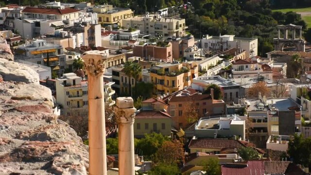 View from Acropolis of Athens, houses and Greek Doric columns