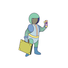 Astronaut in space suit and helmet with a green suitcase and tickets for space journey on white isolated background, vector illustration in Cartoon style, concept of Cosmos ant Outer Space, Traveling.