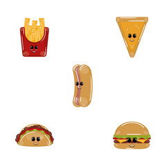 Set of fast food cartoons. Cartoons of a taco, french fries, burger, hotdog and cheese pizza - Vector