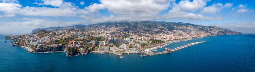 Naklejka na ściany i meble The drone aerial view of Funchal, capital city of Madeira island, Portugal