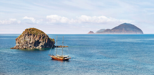 Sicily, Aeolian Island, View of Filicudi and Alicudi from Salina