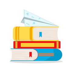Stack of books and paper airplane isolated on white.  Back to school. Vector simple illustration in flat style. Knowledge, learning and education concept design