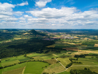 Fototapeta na wymiar Aerial view over the long extinct volcanoes of the Hegau region near Lake Constance in Germany.