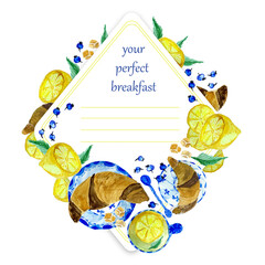 Frame with croissants, lemon, blueberries and mint tea, watercolor illustration for menu, card and note planning