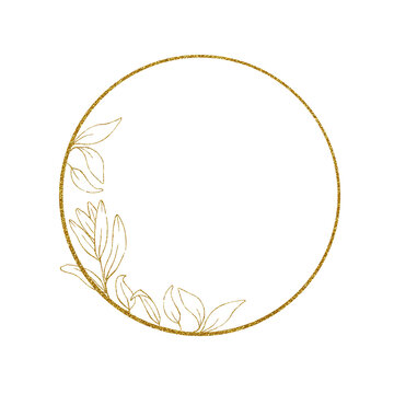 golden round frame with eucalyptus leaves. shiny delicate vignette, frame. minimalistic drawing isolated on white background. design for wedding, invitation, greeting card, cosmetics and perfumery