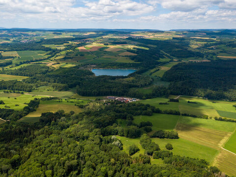 Aerial view on the lake Binningen in Hegau from the Hegau volcanic cone Hohenstoffeln, Germany.
