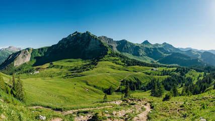 View on the Bregenz Forest (German: Bregenzerwald) mountains from the Diedamskopf mountain near the village of Au, Vorarlberg, Austria.