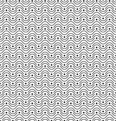 Vector geometric texture. Monochrome repeating pattern with thin wavy lines and dots