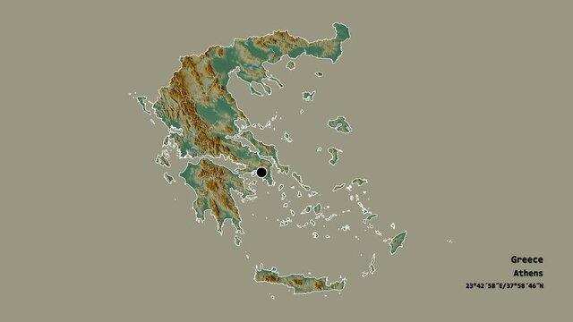 Crete, decentralized administration of Greece, with its capital, localized, outlined and zoomed with informative overlays on a relief map in the Stereographic projection. Animation 3D