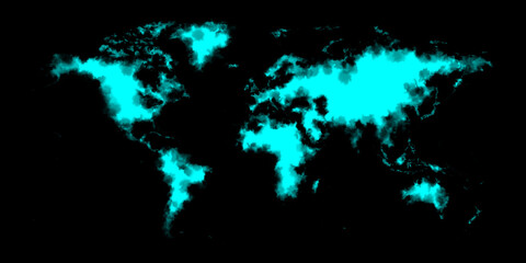 Watercolor art of night world map glow blue neon on black background illustration