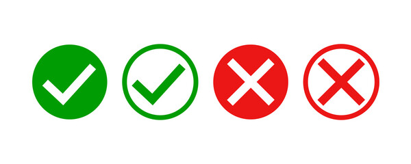 Checkmark and x mark icon . Green and red checkmark on white background. Checkmark  vector icon set. red cross.