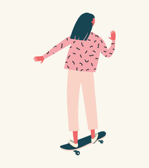 Vector illustration with a skater girl in white pants and a pink blouse. Summer sports.