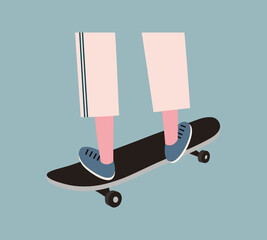 Vector illustration with legs in white pants and blue sneakers and a brown skateboard. Summer sports.