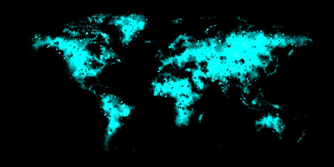 Night world map glow turquoise neon made in watercolor on black background illustration