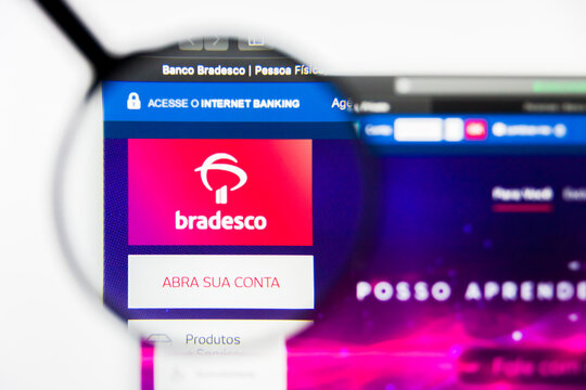 Richmond, Virginia, USA - 9 May 2019: Illustrative Editorial of Bradesco website homepage. Banco Bradesco Sa logo visible on display screen.