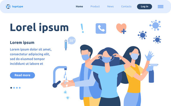 Hygiene during coronavirus epidemic. People in gloves and face masks, washing hands, cleaning surfaces with alcoholic sanitizers. Vector illustration for virus spread prevention, protection concept