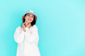 Fashion girl in blank sweatshirt jacket on a blue background