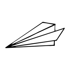 paper airplane hand drawn in doodle style. vector, scandinavian, monochrome. single element for design sticker, icon, card poster plane
