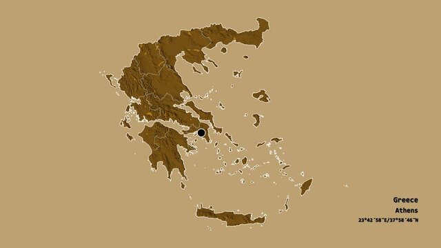 Ionian Islands, decentralized administration of Greece, with its capital, localized, outlined and zoomed with informative overlays on a administrative map in the Stereographic projection. Animation 3D