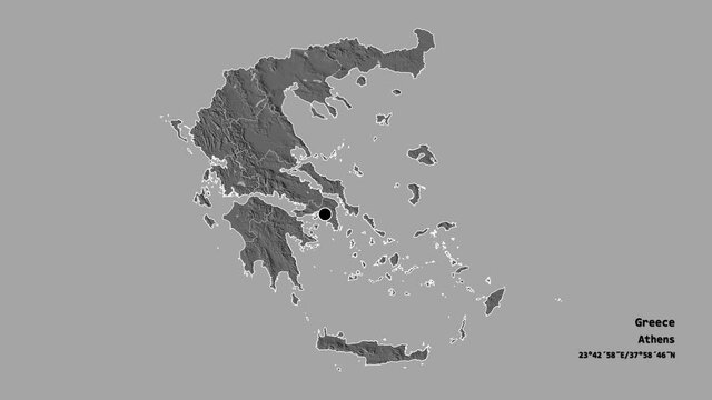 Ionian Islands, decentralized administration of Greece, with its capital, localized, outlined and zoomed with informative overlays on a bilevel map in the Stereographic projection. Animation 3D