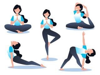 A young and happy girl practices yoga and meditates. Physical and spiritual practice. Set of poses for yoga. Vector illustration in flat cartoon style.