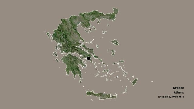 Ionian Islands, decentralized administration of Greece, with its capital, localized, outlined and zoomed with informative overlays on a satellite map in the Stereographic projection. Animation 3D