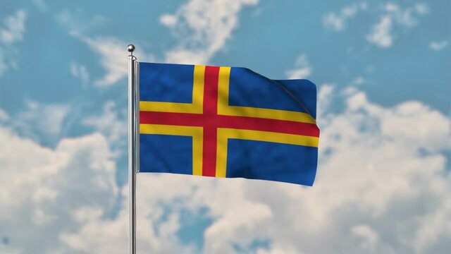 &Atilde;land Islands flag waving in the blue sky realistic 4k Video.