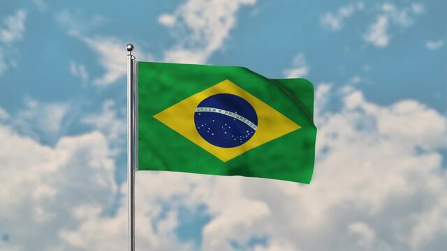 Brazil flag waving in the blue sky realistic 4k Video.