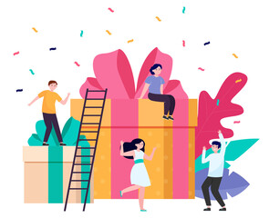 Group of friends having fun at surprise party. Cheerful people dancing among gift boxes an confetti, celebrating birthday. Can be used for celebration, joy, friendship concept