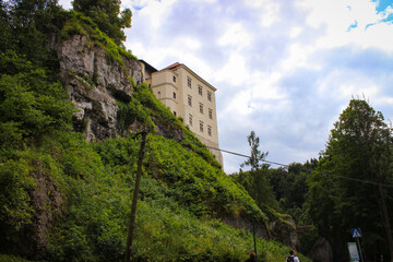 Suloszowa, Poland - July 06, 2016: Exterior, garden and courtyard in Castle Pieskowa Skala, near Krakow in Poland