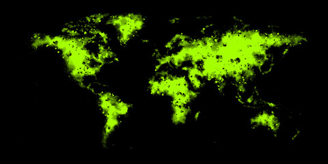 Night world map glow green neon made in watercolor on black background illustration