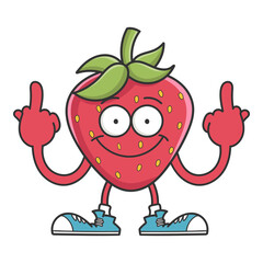 Strawberry cartoon giving the middle fingers