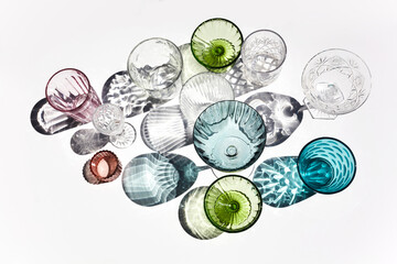 Colored glasses and shadows background. Summer party concept. Minimal pattern.