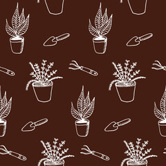 Seamless vector pattern with a rake,a shovel and a seedling in a pot.Hand drawn sketches gardening tools. Elements equipment for agriculture in Doodle style. Vector illustration on a brown background.