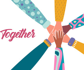 Together template landing page. Team building. Group people putting hands together. Symbol of cooperation, partnership, friendship, unity. Vector flat illustration in modern style.