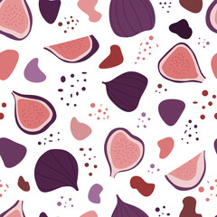 Figs geometric abstract seamless pattern. Collection of whole fruits and slices. Vector background. Flat design. Ideal for textile, wrapping paper, wallpapers. Illustration isolated on white.