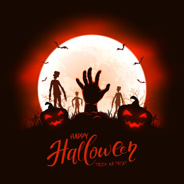 Red Halloween Background with Zombie Hand and Pumpkins