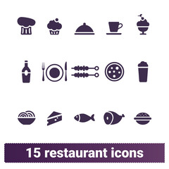 Restaurant, bistro, cafe meals vector icons set. Pictogram collection of served dishes, food and drinks. Isolated on white background.