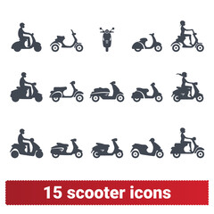 Scooter and moped with rider vector icons. Various type of motorcycle with man and woman sitting on. Simple illustrations isolated on white background.