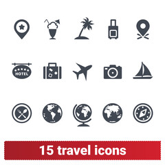 Travel, summer vacation vector icon set. Map signs, traveling, transportation, tourism and holidays pictograms. User interface pictograms for web services, mobile app isolated on white background.