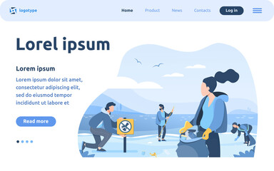 Group of young volunteers collecting trash on ocean beach flat vector illustration. Ecology and clean planet concept. People cleaning environment nature together